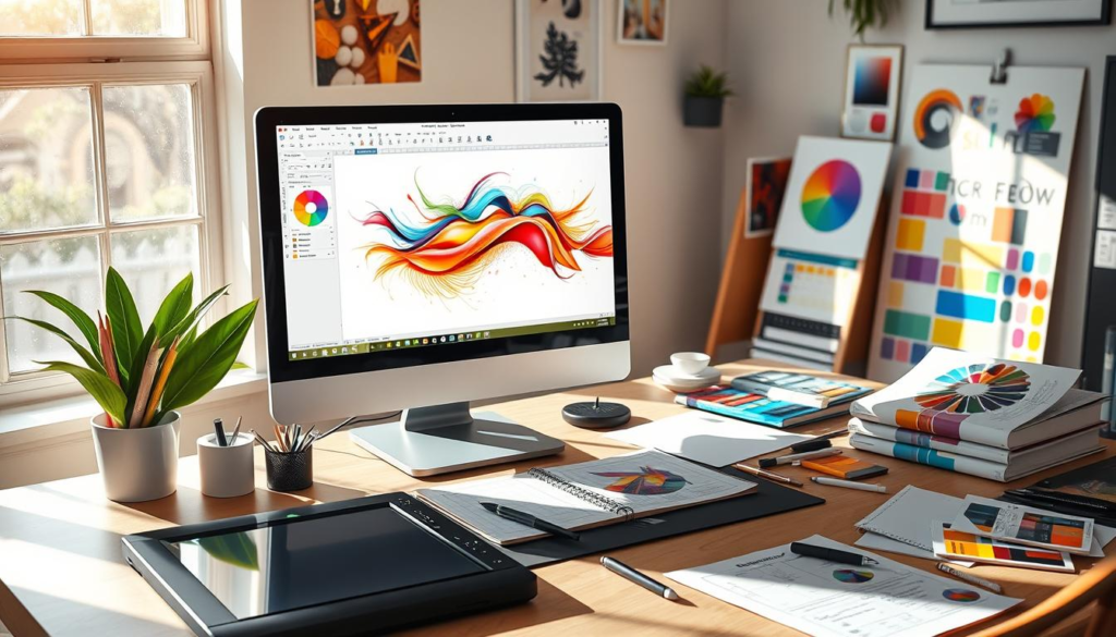 A vibrant and dynamic workspace featuring a monitor displaying CorelDraw with colorful vector graphics in progress, surrounded by design tools like a graphics tablet, sketchbooks, and color swatches, bathed in natural light from a nearby window, conveying a sense of creativity and productivity in design.